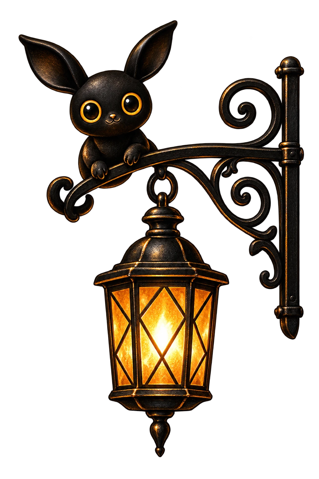 Our golden-eyed woodland mascot perched above a glowing lantern.
